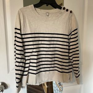 Preppy White Sweater, Black Stripes, Button Detail